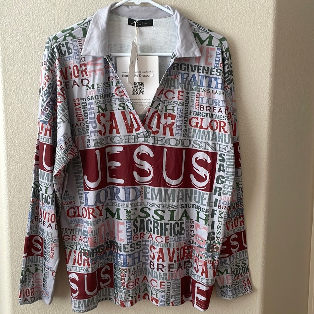 Christian themed long sleeve shirt size large. Never worn, tags still on it